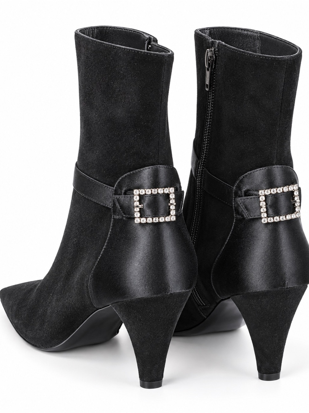 Stuart Weitzman Vamp Black Suede Satin Rhinestone Ankle Booties 7M Spain